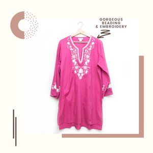 Natori Bright Pink Embroidered and Beaded Tunic